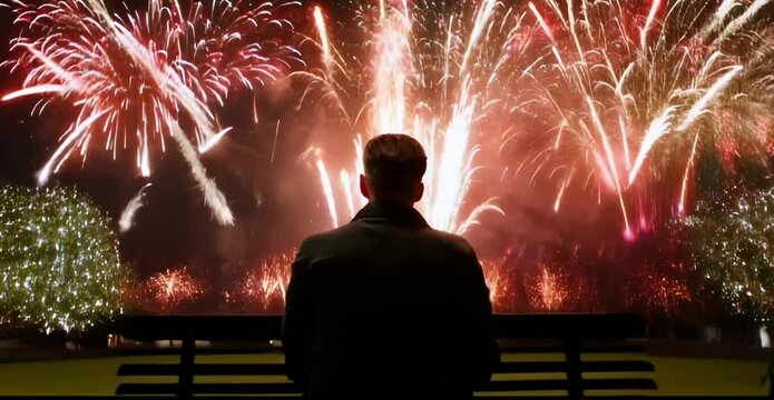 one man sits and watches the fireworks at night, zoom in,  success and celebration
