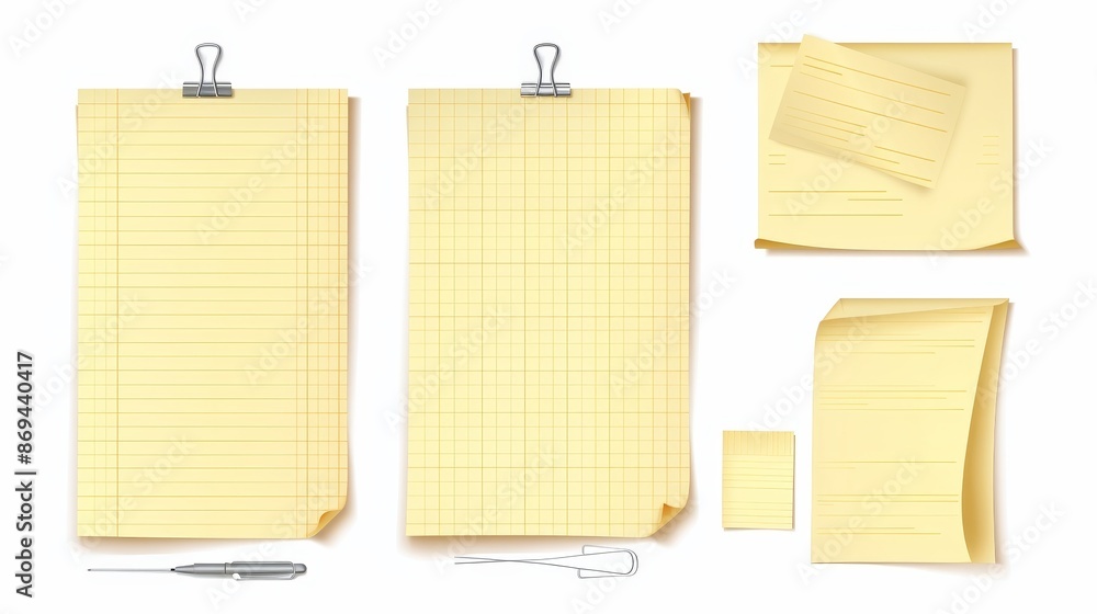 Poster an empty notebook sheet with line, dots and checkered texture on a yellow sticky writing stationery,