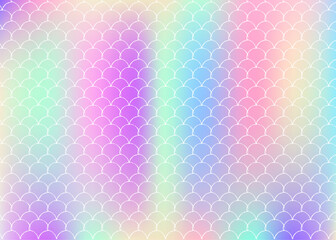 Holographic scale background with gradient mermaid. Bright color transitions. Fish tail banner and invitation. Underwater and sea pattern for girlie party. Futuristic backdrop with holographic scale.