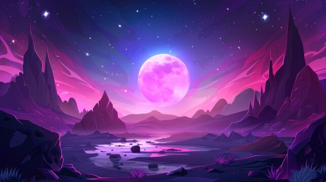 This space adventure game background features a cracked surface, rocky stones, meteorites, and asteroids flowing through stars in the night sky. It is an illustration of a futuristic alien planet