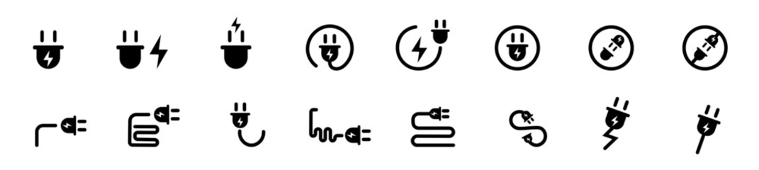 Plug black vector icon. Set of twisted electric plug signs on a white background