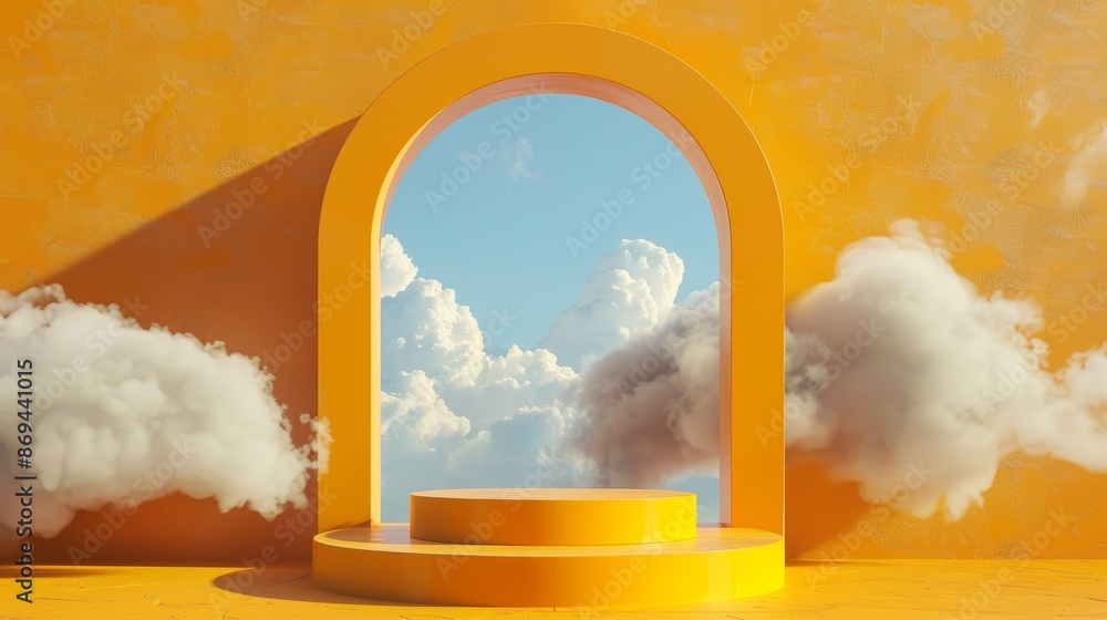 Poster an empty room with a 3 dimensional mirror product podium and blue sky. yellow showcase platform with