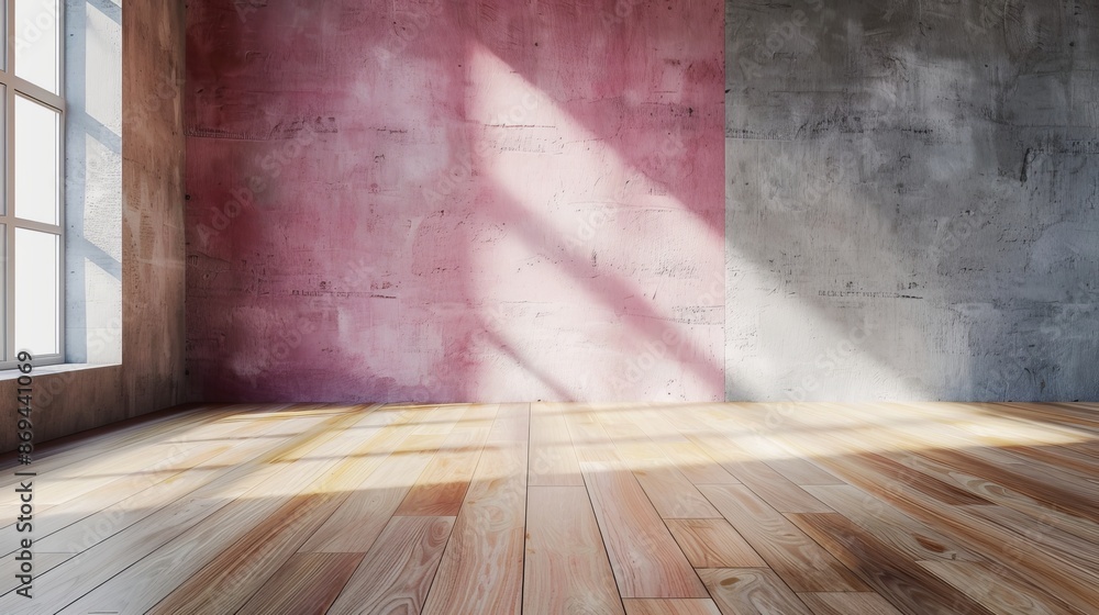 Poster realistic 3d rendering of a large apartment with gray walls and wooden floors. sunshine from a windo