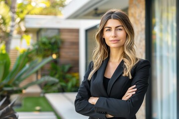 Fototapeta premium Confident real estate agent, beautiful woman stands proudly outside a modern home.