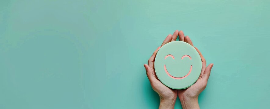 A hand holding a green paper cut-out happy smile face against a green background. The idea of positive thinking, mental health assessment, and World Mental Health Day.