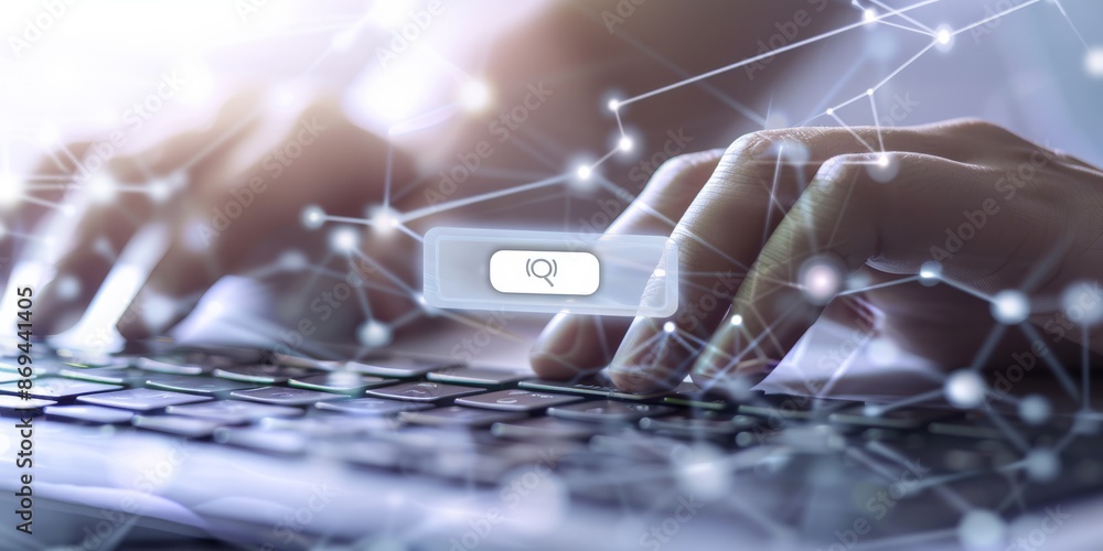 Poster hand typing on keyboard with search icon and cyber network connections, representing modern technolo