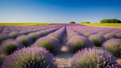 A field of lavender in full bloom, stretching out towards the horizon under a bright summer sky.