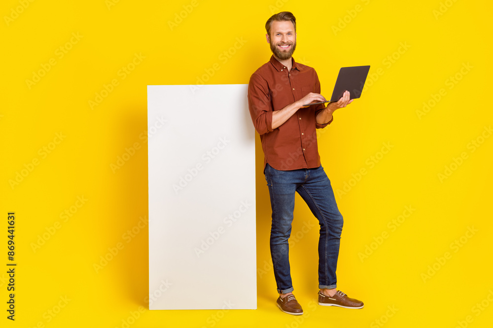 Aufkleber full length portrait of cheerful person use wireless netbook big empty space telephone screen isolat