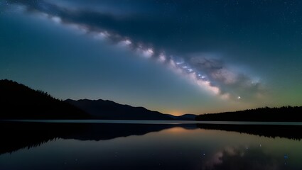 A clear night sky over a quiet lake, with the Milky Way and countless stars reflecting in the still water. 