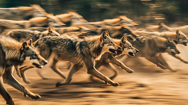 Wolf pack running through forest with motion blur effect. Forest pursuit and hunting wolf pack concept.