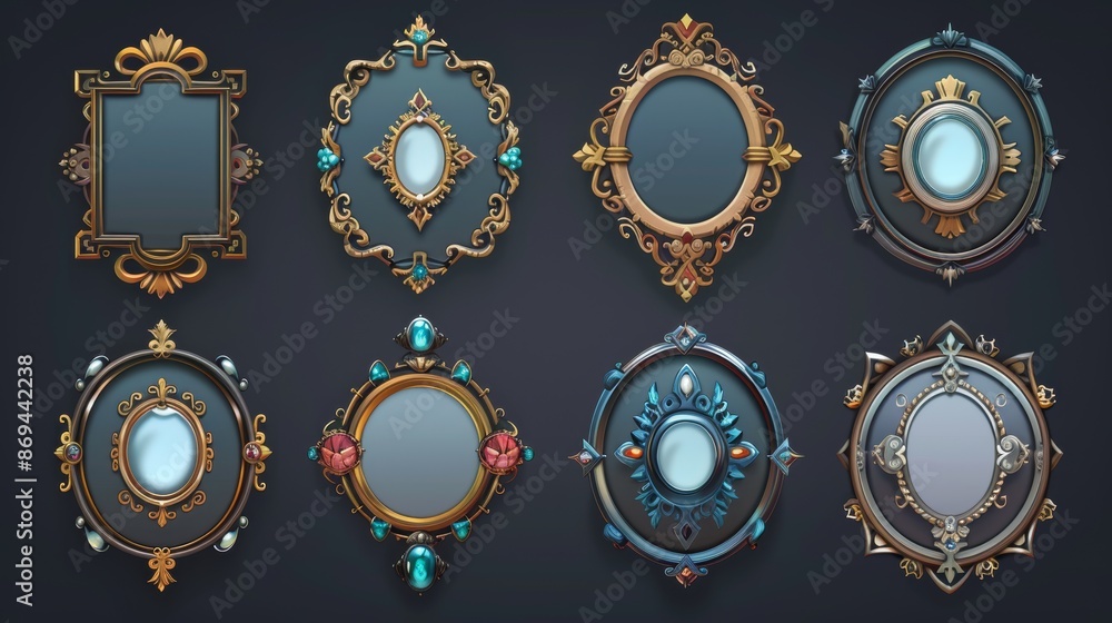 Poster in the medieval style, silver and gold circular frames with gems are isolated on a white background.