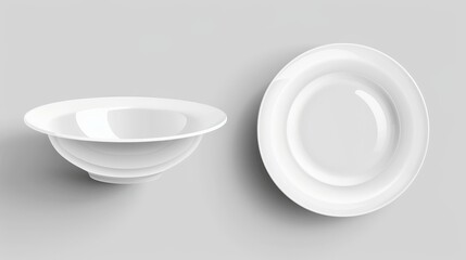 Round white ceramic dish mockup in top and side views, realistic illustration of white bowl with liquid food, soup, sauce, rice, porridge.