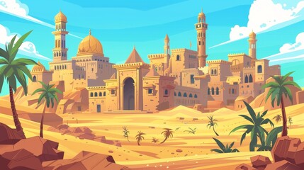 In the desert is an ancient arab city with a market and a palace. Modern cartoon illustration of sandy area with traditional yellow houses, an antique castle, Islamic mosque buildings, palm trees.
