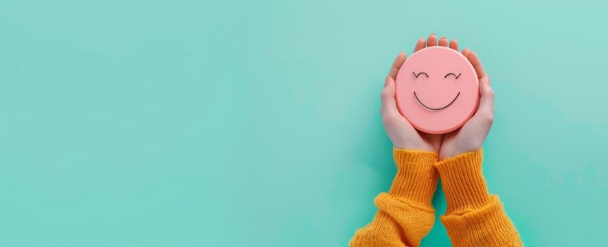 An image of a hand holding a green paper cut happy smile face on a green background for world mental health day, a concept of positive thinking, mental health assessment, and mental health awareness