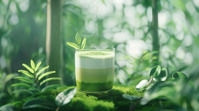 Refreshing Iced Matcha Latte with Natural Forest Background, Ideal for Green Menu Banners and Café Promotions