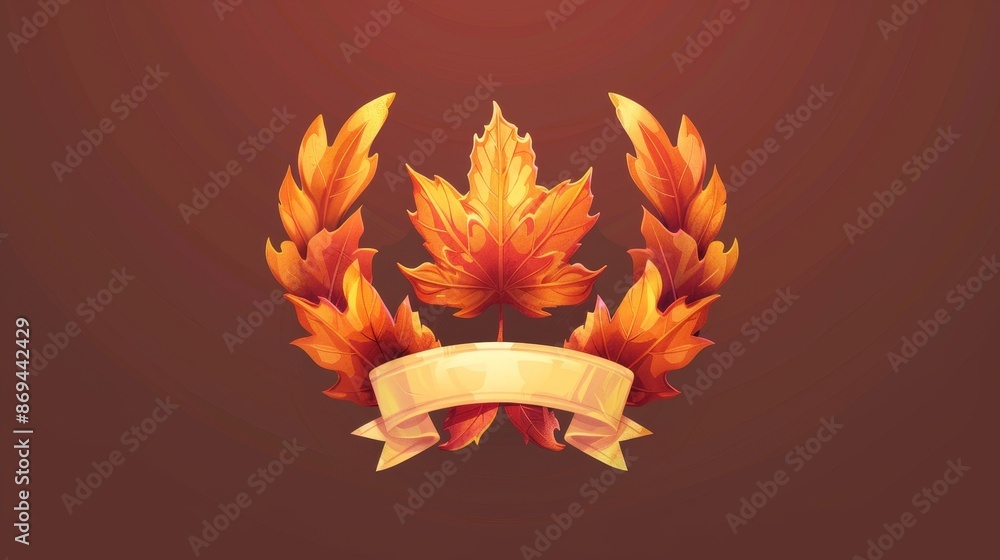 Poster autumn fantasy game interface with a circle user avatar frame and orange leaves border. a gold laure