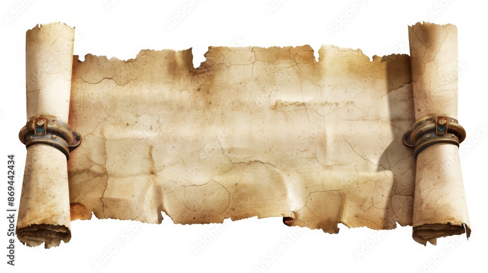 Poster an old parchment scroll with rolled edges isolated on a transparent background, modern realistic ill