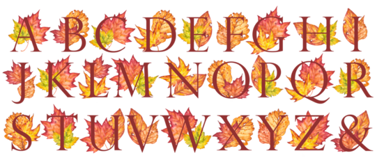 Set of floral alphabets. The letters of the alphabet are dark red, decorated with watercolor autumn leaves of different colors. Wedding, birthday, children's party, other creative ideas.