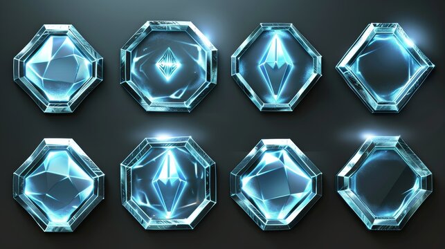 A futuristic sci-fi neon game rank avatar on a metal hexagon frame. An empty empty silver ranking template illustration. A logo of a futuristic iron level border on a dark background.