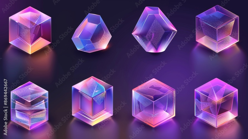 Aufkleber the white geometric translucent block shape set with purple holographic refraction on a different an