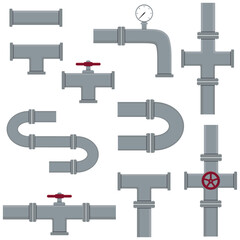 A set of industrial pipelines. Oil, water or gas pipeline with fittings and valves. Isolated vector illustration