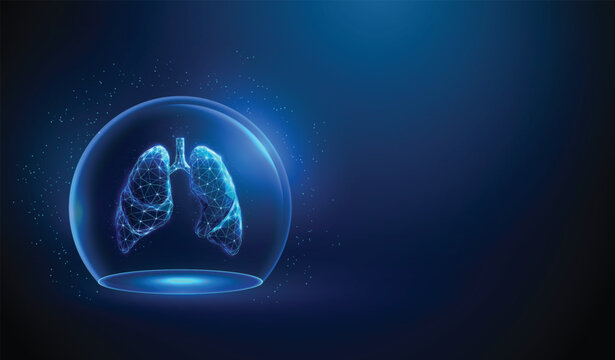 Abstract blue human lungs inside a glass dome. Neon sphere shield. Healthcare protection medical concept. Futuristic low poly style. Geometric background. Wireframe light connection structure. Vector.