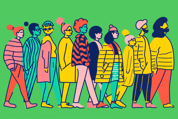 Obraz premium Creative illustration of diverse fashionable people on green background.
