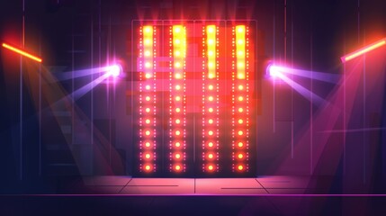 LED screen on stage with light effect. Background of digital monitor with color pixels, video panel with light dots for concert, show, or cinema. Modern realistic illustration.