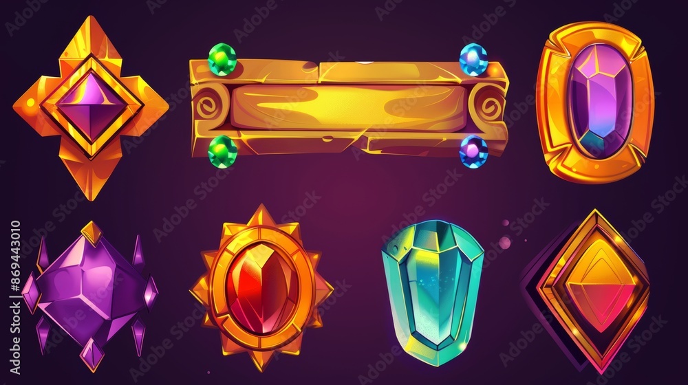 Poster a golden fantasy game border ui button frame design. a medieval gold metal interface element icon fo