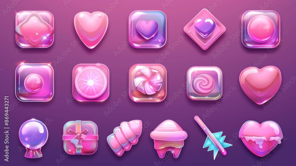 Poster the candy ui game app interface and the glossy icon set include loading, closing, windows, panels, s