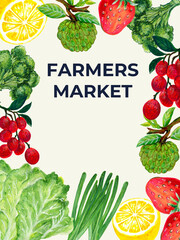 Illustration of Farmers Market brochure Poster local organic healthy food event fair announce vegetables and fruits