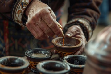 A close-up shot of a vendor's hands skillfully preparing a fragrant cup of coffee at a vibrant marketplace.