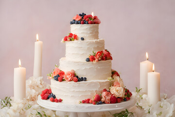 Wedding light multi-tiered cake with candles, flowers and berries. On a light background. Cake day