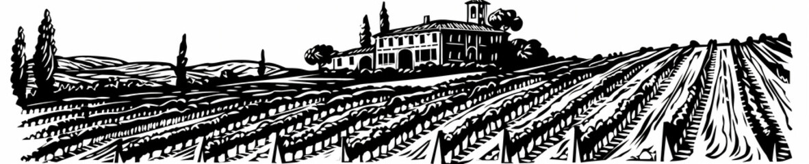 Vineyard leading to a traditional Italian villa, surrounded by tall cypress trees and mountains in the background. Generative ai raster illustration. Pop art comic book style imitation