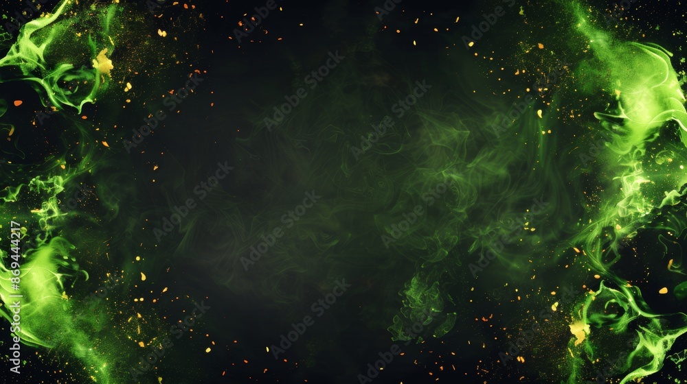 Poster fumes of bright glowing and luminous sparks surrounded by green smoke and lightning bolts in an over