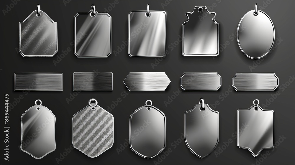 Aufkleber a set of blank steel, silver, iron plates that are round, square, rectangular in shape, with shiny b