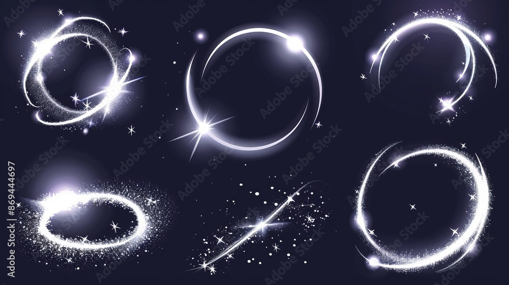 Poster the magical glowing swirl circle lines with flying particles are created with white light waved and 