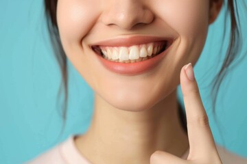 Fototapeta premium Smiling woman promoting dental health and hygiene concept.