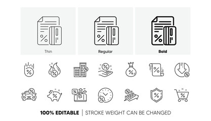 Investment, Interest rate and Percentage diagram. Loan line icons. Car leasing linear icon set. Line icons set. Vector