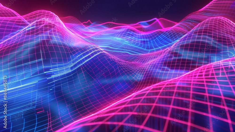 Poster y2k poster template with distorted grid pattern and shapes on neon background. vintage banner layout
