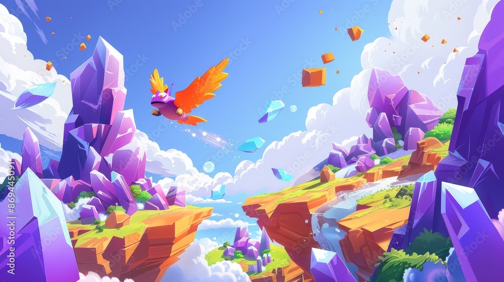 Poster space ui elements set of floating alien planet platform with purplish surface, magic portal and expl