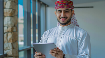 Omani Man in Traditional Attire Smiling in Office