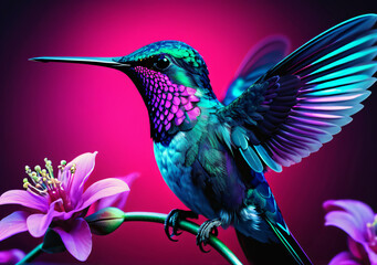 Obraz premium small hummingbird perches on a flower. Generative AI. 