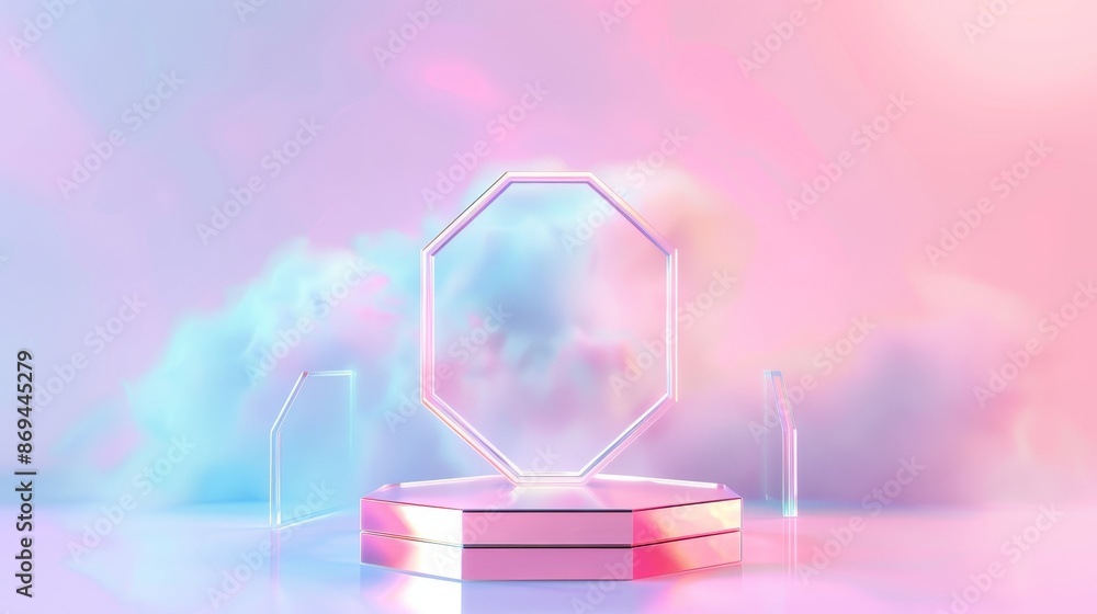Poster a transparent hexagonal model of a product on a holographic background with a light flash effect. a 