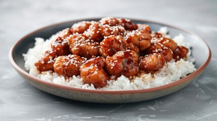 Sesame Chicken Pieces With Rice On A Ceramic Plate, A Traditional Chinese Dish