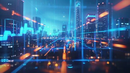 Obraz premium The background is the city skyline, with financial charts glowing in blue and orange lines on top of it.