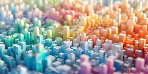 Obraz premium Colorful low poly cityscape with abstract topographic landscape and technologyinspired cubes. Concept Abstract Art, Low Poly Design, Cityscape, Topographic Landscape, Technology-Inspired Cubes