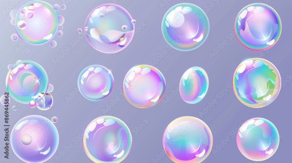 Poster sphere of iridescent liquid isolated on transparent background. magic laundry orb with light reflect