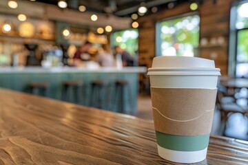 Serene Moment at a Stylish Cafe - Close-up of Green Coffee Cup with Steam, Modern Decor and Patrons in Background Creating Warm Atmosphere