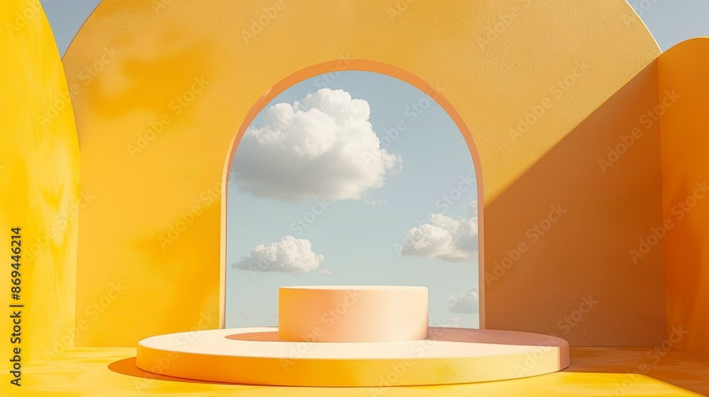 Poster an empty room with a 3d mirror product podium background and a blue sky background. an arch above a 